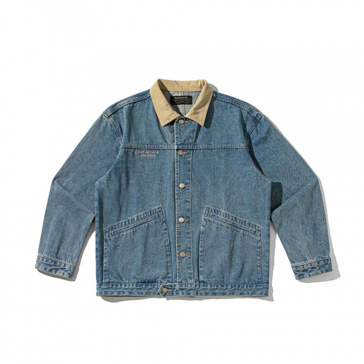 Unisex Boxy-Denim-Blousonjacke mit Cordkragen und schräg eingesetzten Pattentaschen Drune