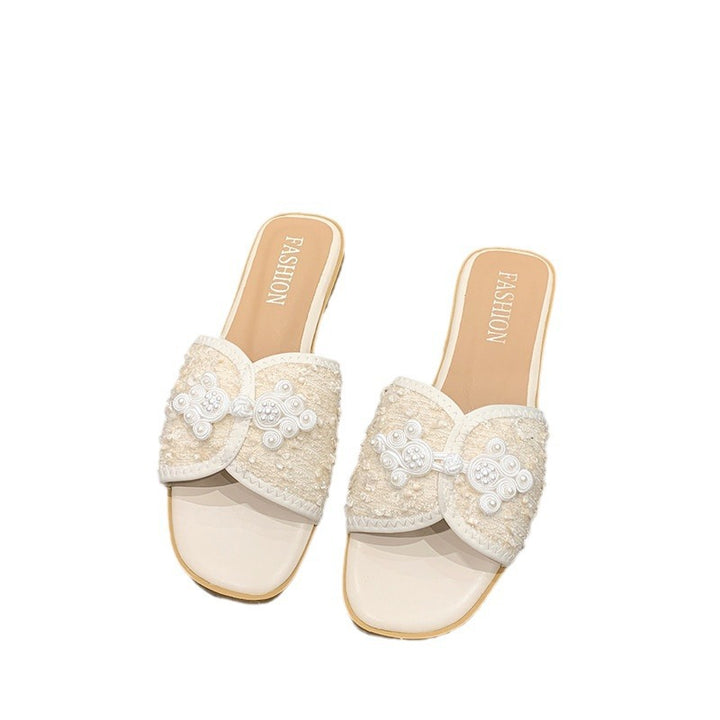 Damen nan elegante Mule mit quadratischer Zehenpartie Bouclé-Obermaterial und Perlenverzierung Drune