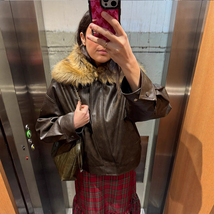 Damen Boxy Lederimitat-Blouson mit abnehmbarem Webpelzkragen und verdeckter Knopfleiste Drune