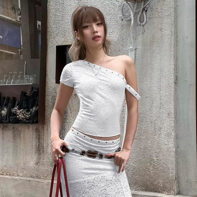 Damen elegantes Oberteil aus zarter Spitze mit kurzem Ärmel und aufregendem Design Drune