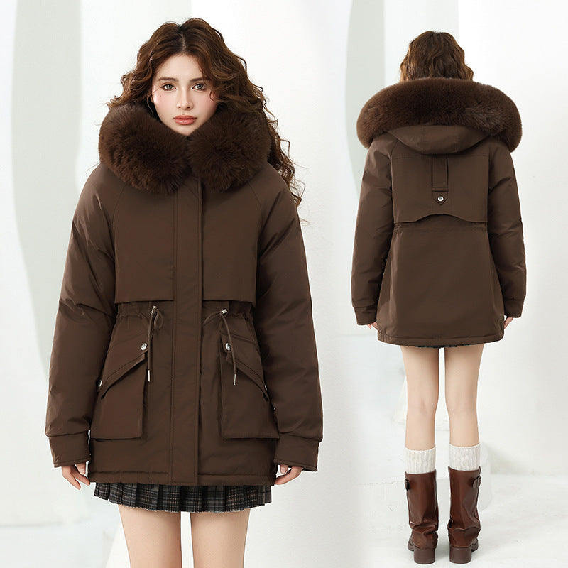 Damen Modische Winterjacke mit abnehmbarer Kapuze und hochwertigem Kunstfell Drune
