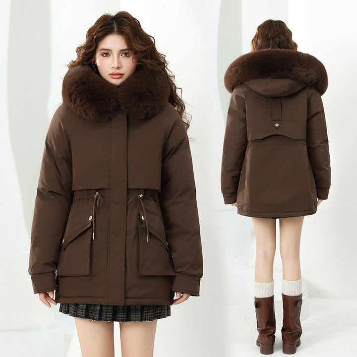 Damen Modische Winterjacke mit abnehmbarer Kapuze und hochwertigem Kunstfell Drune