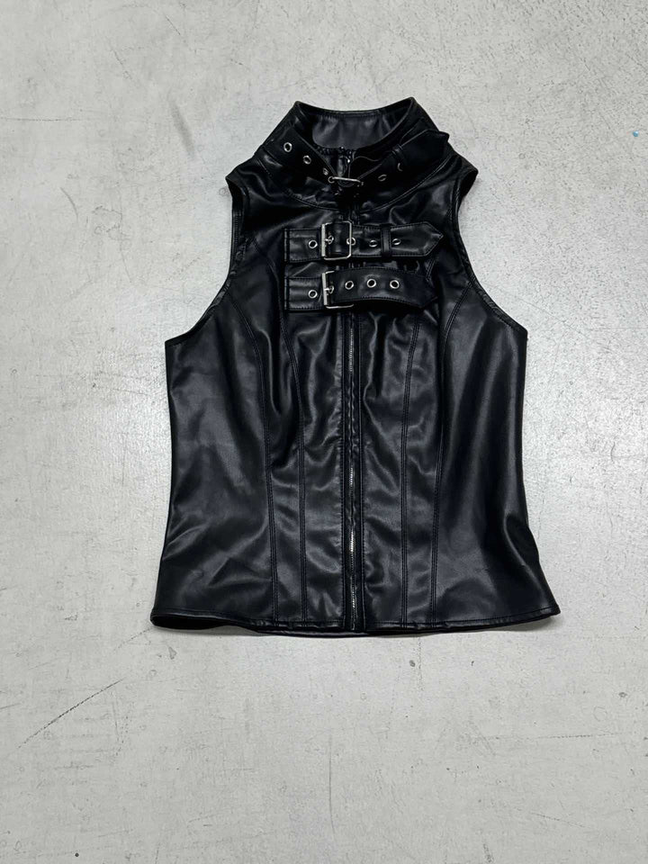 Damen Kunstleder-Crop-Top mit dekorativen Schnallen und hochgeschlossenem Kragen Drune