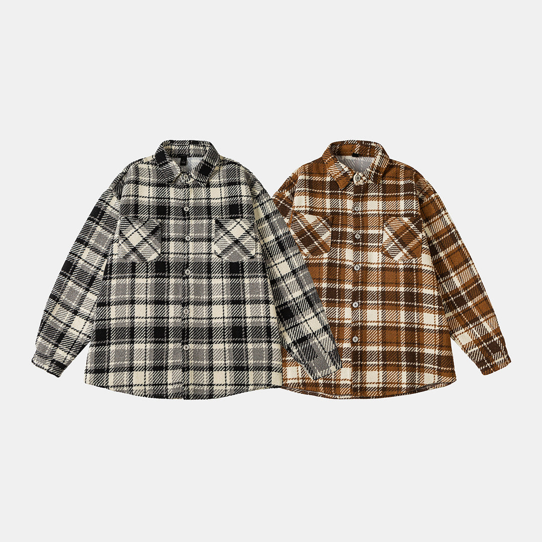Unisex Karierte Overshirtjacke im Shacket-Stil mit aufgesetzten Brusttaschen und entspanntem Oversize-Schnitt Drune
