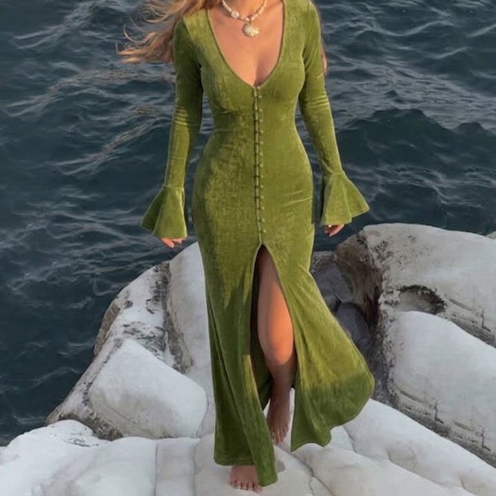 Damen Maxikleid mit figurbetonter Silhouette, durchgehender Zierknopfleiste und Glockenärmeln Drune