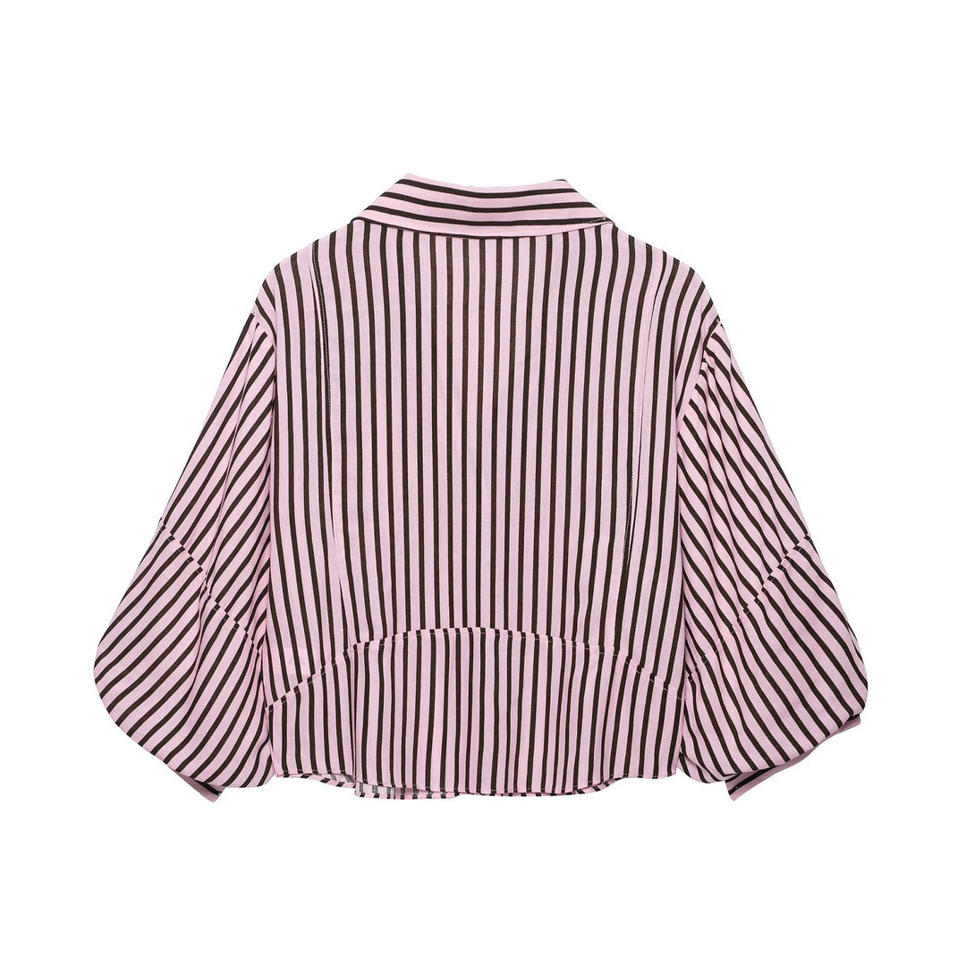 Damen Gestreifte Oversize-Bluse mit Ballonärmeln und durchgehender Knopfleiste Drune