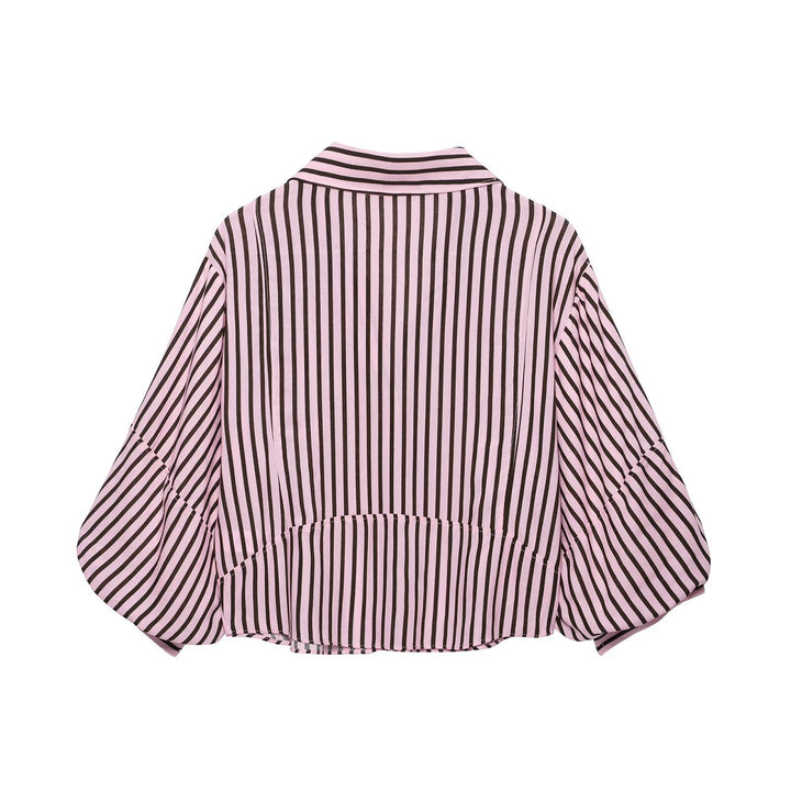 Damen Gestreifte Oversize-Bluse mit Ballonärmeln und durchgehender Knopfleiste Drune