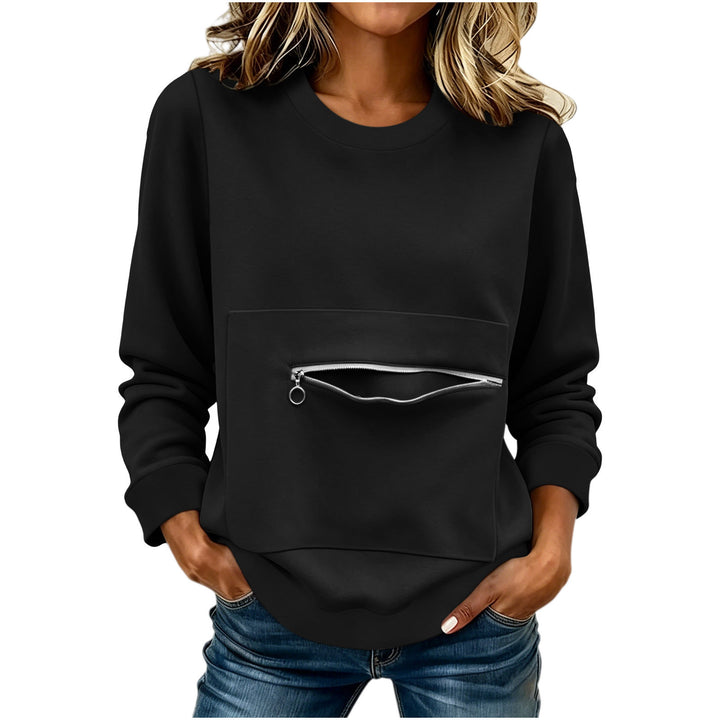 Damen nan locker geschnittenes Sweatshirt mit Frontreißverschlusstasche und Rundhalsausschnitt Drune
