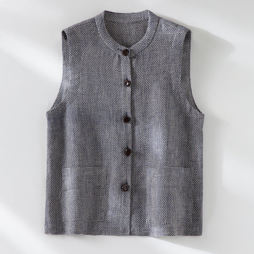 Damen Ärmellose Strickweste mit Stehkragen, Knopfleiste und aufgesetzten Taschen Drune