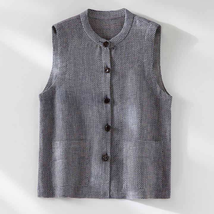 Damen Ärmellose Strickweste mit Stehkragen, Knopfleiste und aufgesetzten Taschen Drune