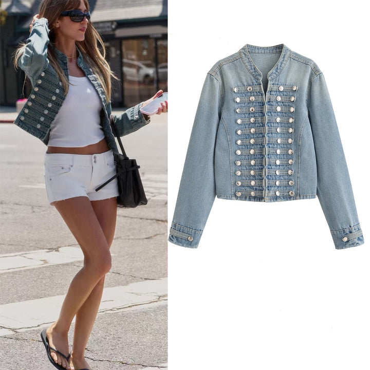 Damen Kurze taillierte Jeansjacke im Militärlook mit doppelten Zierknopfreihen Drune