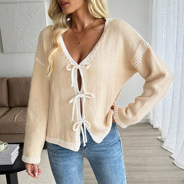 Damen Modischer Strickpullover mit dekorativen Bindebändern Drune