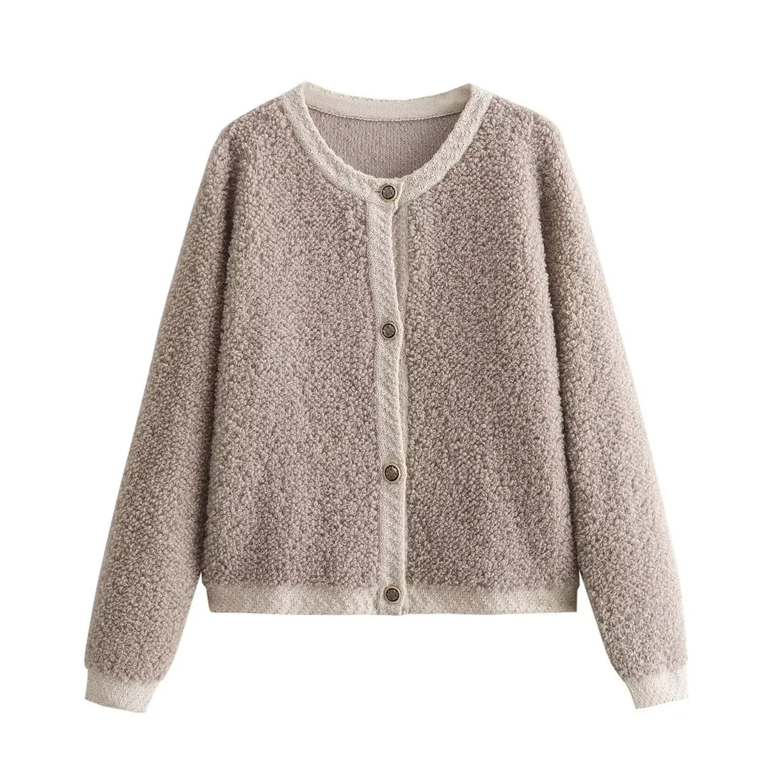 Damen Bouclé-Strickjacke mit Knopfleiste und Rundhalsausschnitt Drune