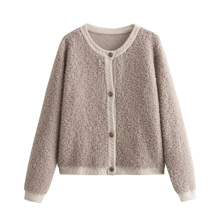 Damen Bouclé-Strickjacke mit Knopfleiste und Rundhalsausschnitt Drune