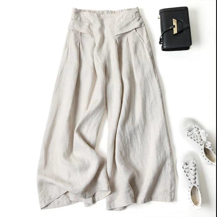 Damen Weit geschnittene Leinenhose mit hohem Bund und eleganten Falten Drune
