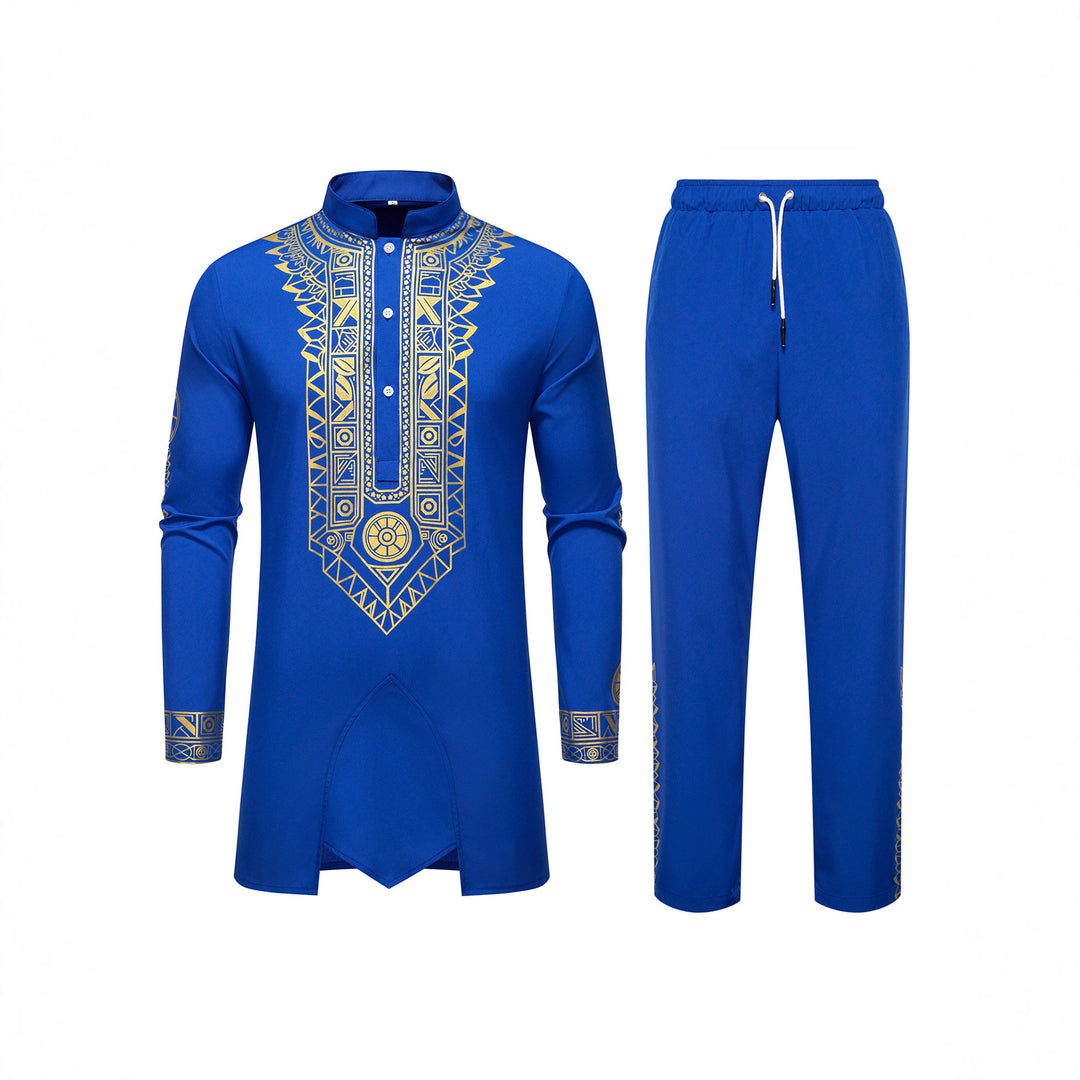 Herren Traditionelles Langarm-Kurta-Set mit Stehkragen, goldfarbenem Ornamentdruck und Tunnelzughose Drune