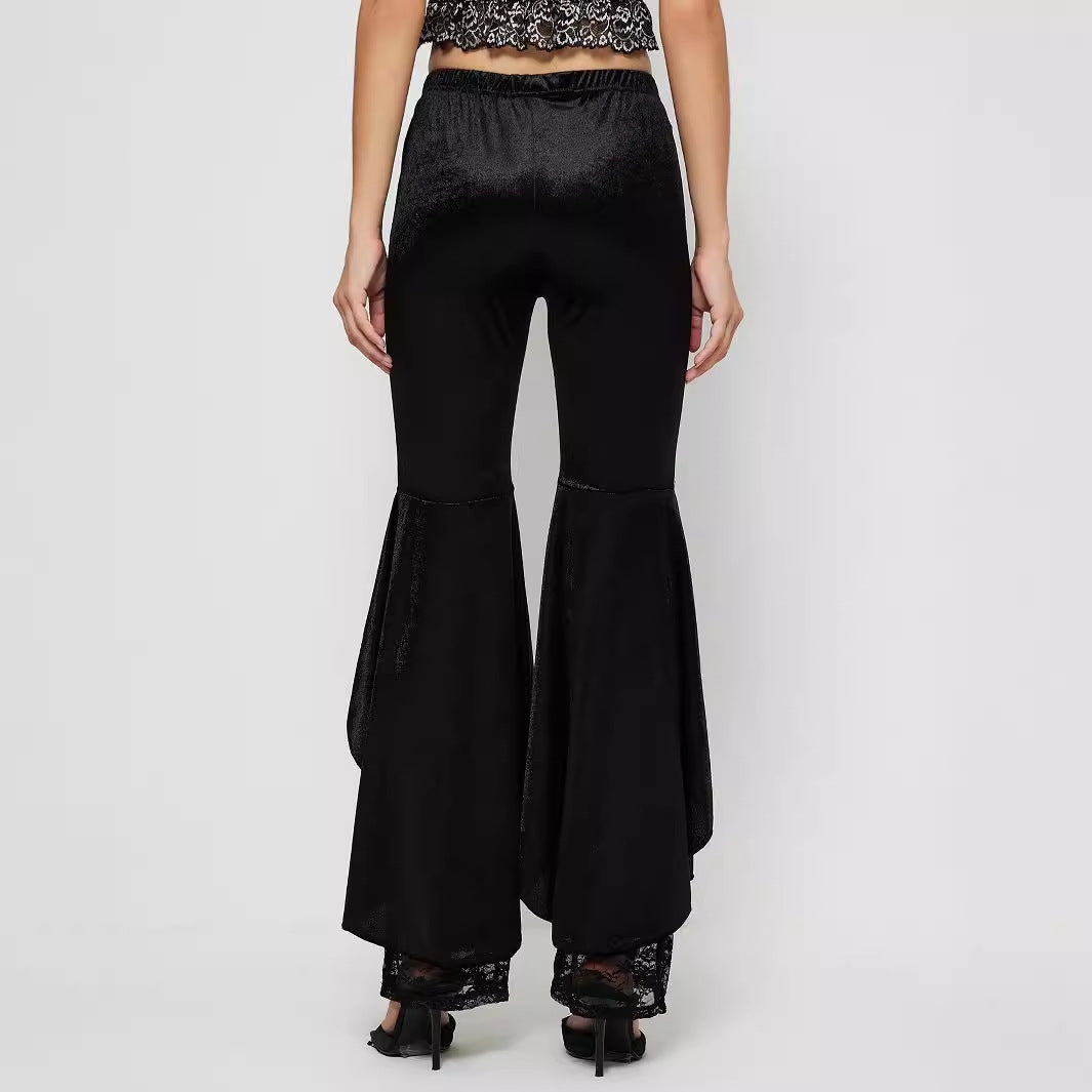 Damen elegante High-Waist Palazzo-Hose mit transparenten Spitzen-Einsätzen Drune