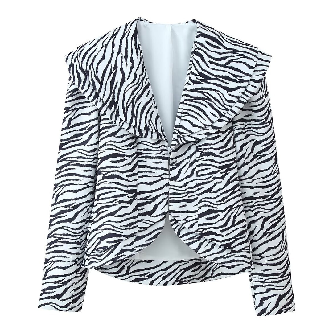 Damen Kurzblazer mit übergroßem Schalkragen und Zebra-Print Drune