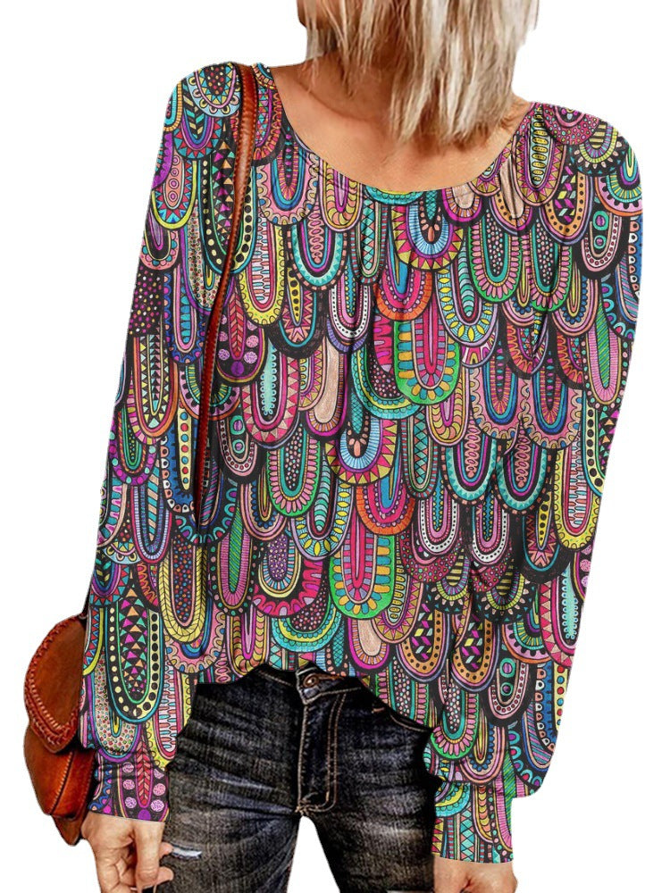 Damen Ethno-Print Oversize-Tunika mit Rundhalsausschnitt und langen Ballonärmeln Drune