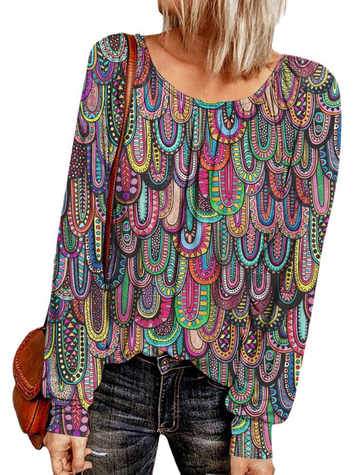 Damen Ethno-Print Oversize-Tunika mit Rundhalsausschnitt und langen Ballonärmeln Drune