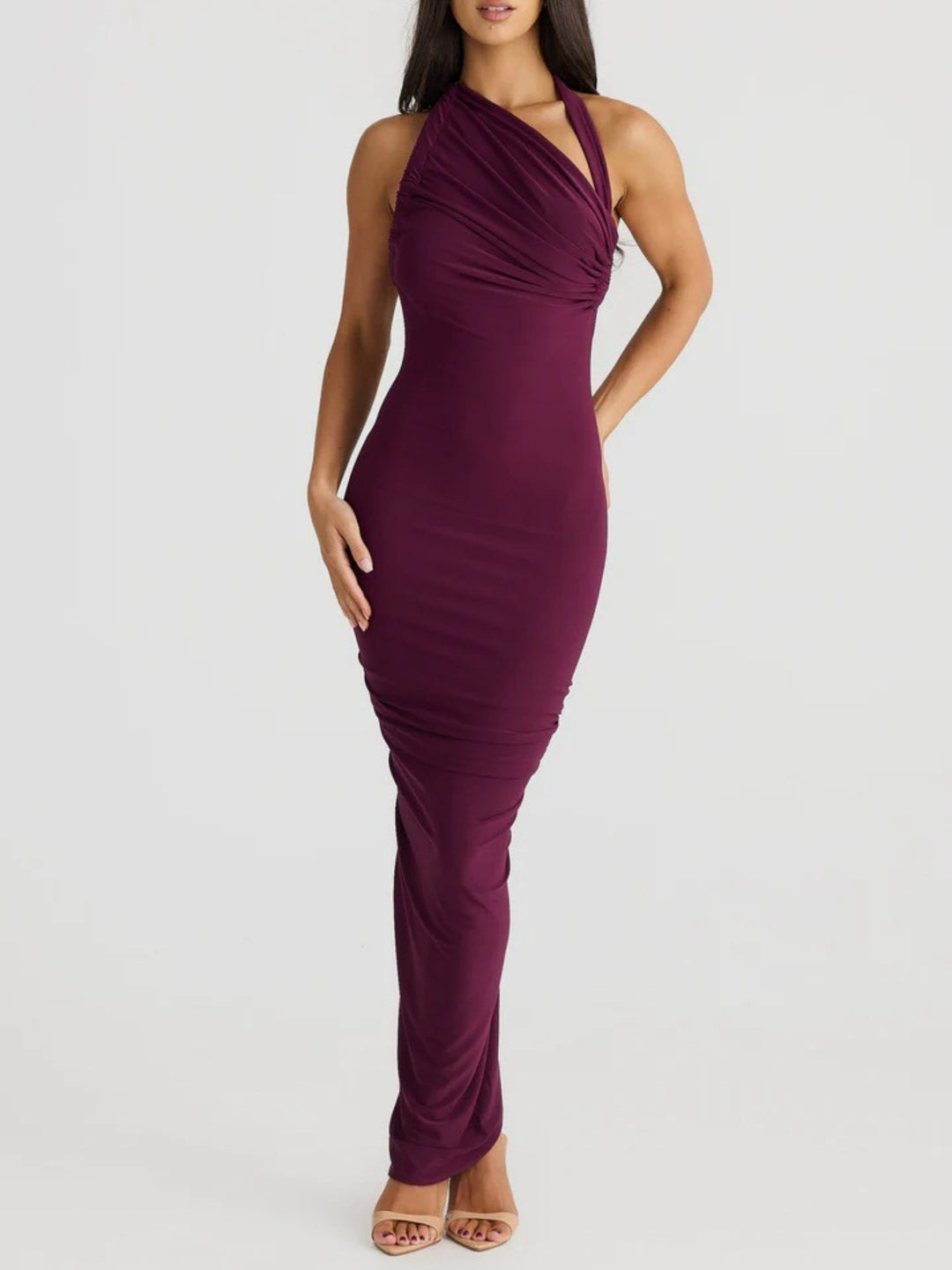 Damen Elegantes langes Wickelkleid mit schulterfreiem Design und gerafftem Oberteil Drune