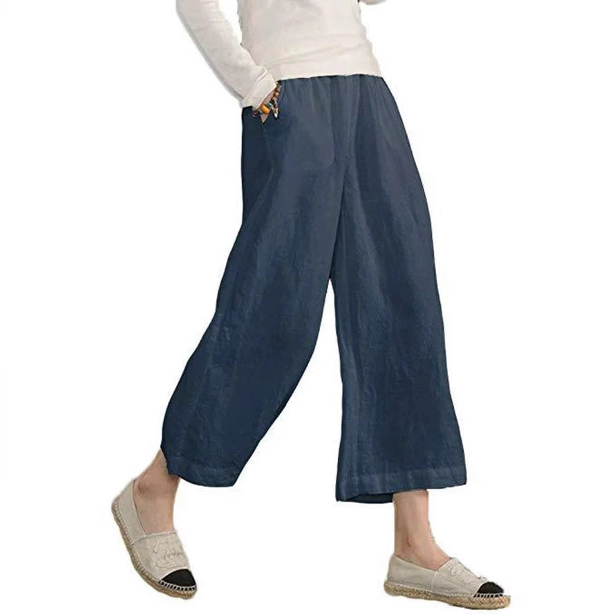 Damen weite Leinenhose mit seitlichen Taschen und elastischem Bund Drune