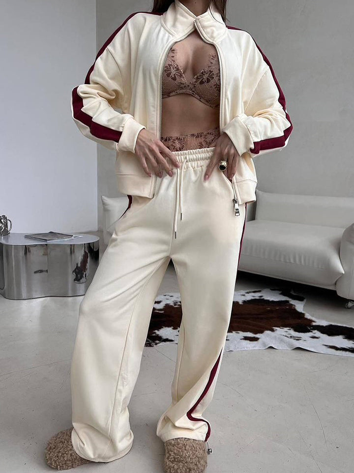 Damen Velours-Loungewear-Set mit Stehkragen, Zip-Jacke und weitem Palazzo-Hosenbein Drune