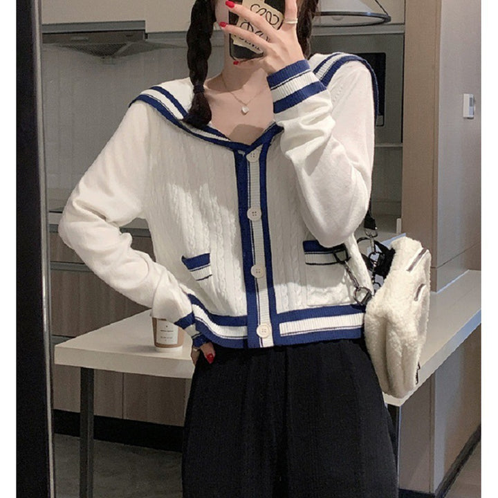 Damen lässige Strickjacke mit maritimem Kapuzenkragen und Knopfdetails Drune