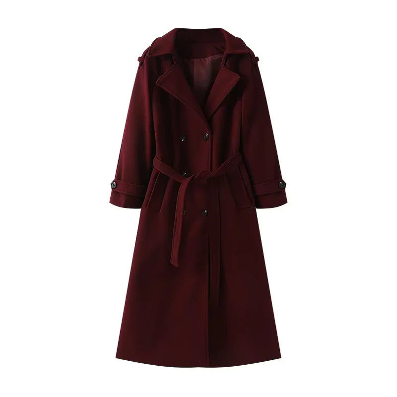 Damen nan langer Wollmix-Trenchcoat mit Schalkragen Taillengürtel und doppelreihiger Knopfleiste Drune