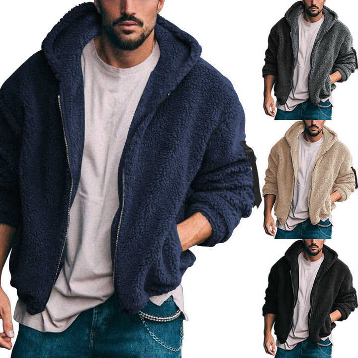Herren Gefütterte Fleece-Kapuzenjacke mit Teddy-Finish, Reißverschluss und Seitentaschen Drune