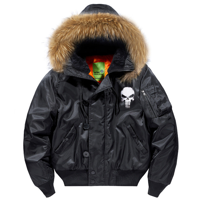 Herren -isolierte Kapuzen-Bomberjacke mit Kunstfellbesatz und Schädel-Brustgrafik Drune
