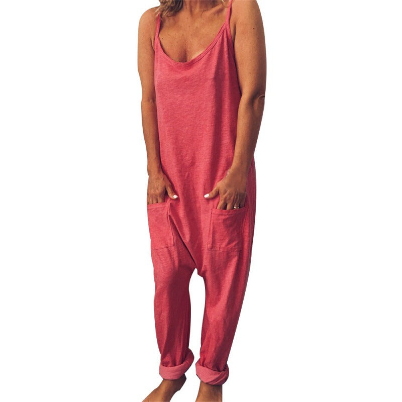 Damen lässiger Jumpsuit mit praktischen Taschen und Spaghettiträgern Drune