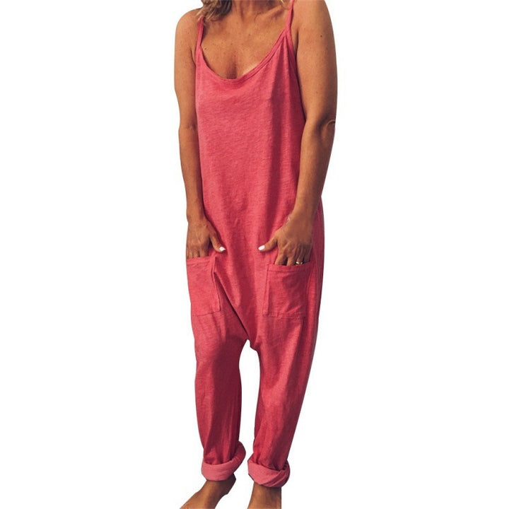 Damen lässiger Jumpsuit mit praktischen Taschen und Spaghettiträgern Drune