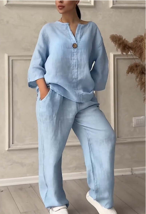 Damen nan lässiges Leinen-Relax-Set mit weiter Hose und Hemdbluse Drune