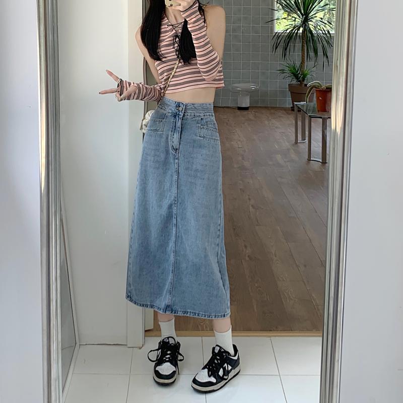 Damen Lässiger Midi-Denimrock mit seitlichen Schlitzen Drune