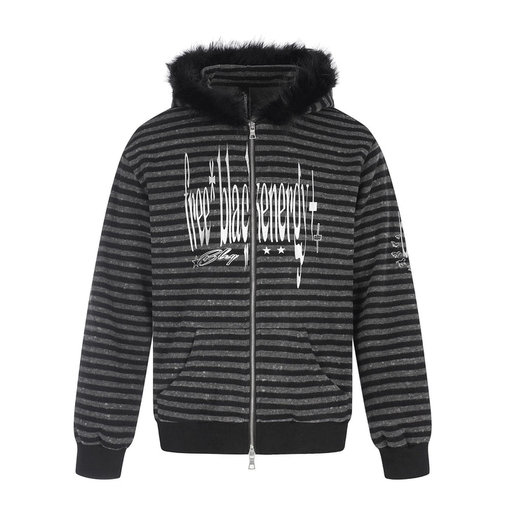 Unisex Kapuzenzipjacke mit Kunstfellbesatz, Streifenmuster und Frontprint Drune