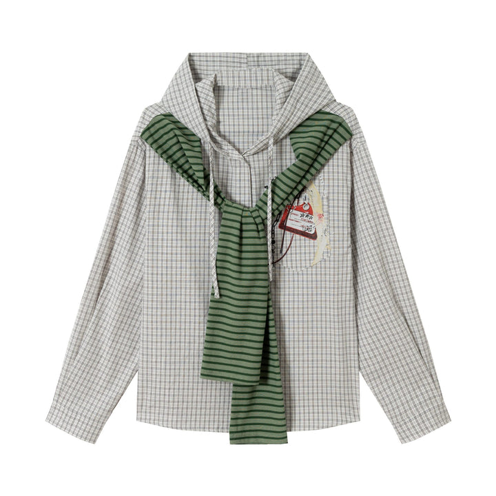 Damen Oversize Hemdjacke mit Kapuze, angenähtem Strickschal und Brustpatch Drune