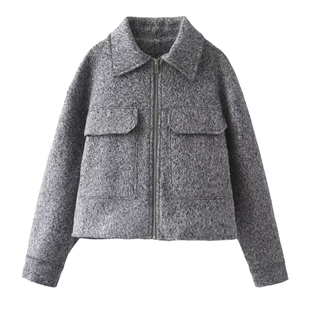Damen Kurz geschnittene Bouclé‑Jacke mit durchgehendem Reißverschluss und Pattentaschen Drune