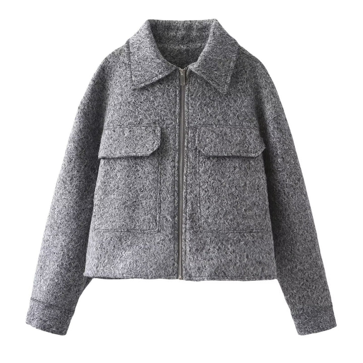 Damen Kurz geschnittene Bouclé‑Jacke mit durchgehendem Reißverschluss und Pattentaschen Drune