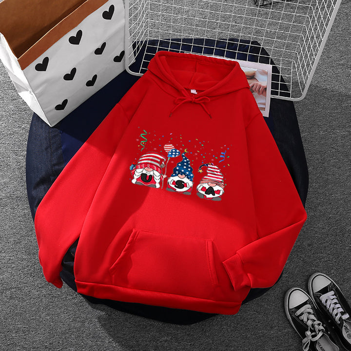 Damen nan Kapuzenpullover mit patriotischem Gartenzwerg-Print, angerautem Fleece-Innenfutter, Oversize-Schnitt und Kängurutasche Drune