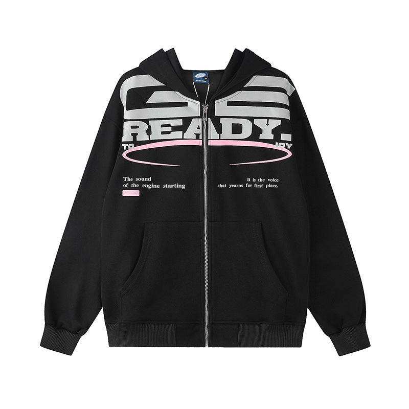Damen Kapuzen-Sweatjacke mit durchgehendem Reißverschluss, Oversize-Schnitt und Statement-Frontprint Drune