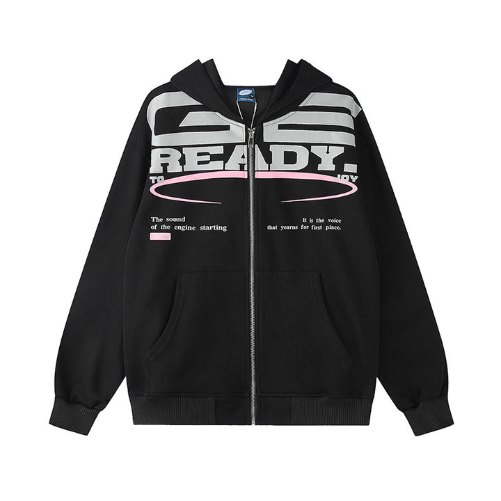Damen Kapuzen-Sweatjacke mit durchgehendem Reißverschluss, Oversize-Schnitt und Statement-Frontprint Drune