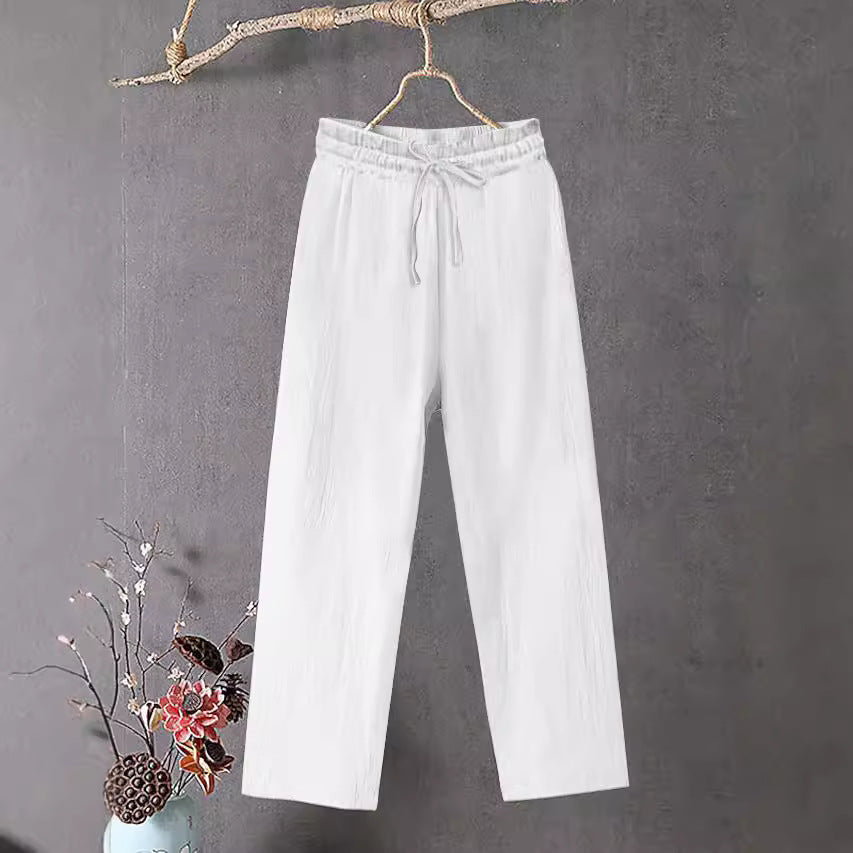 Damen Crinkle Leinenmischung Hose mit elastischem Kordelzug, gerade Beinform und lässiger Passform Drune
