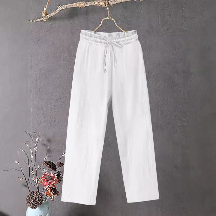 Damen Crinkle Leinenmischung Hose mit elastischem Kordelzug, gerade Beinform und lässiger Passform Drune