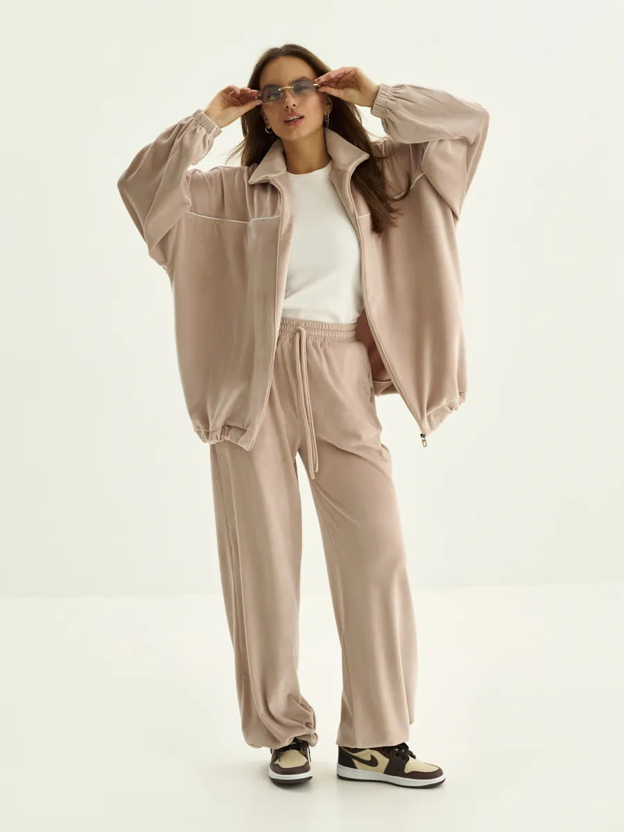 Damen Palazzo-Lounge-Set aus seidig-weichem Nicki mit hoher Kragenblende, Oversize-Passform und elastischer Bundhose Drune