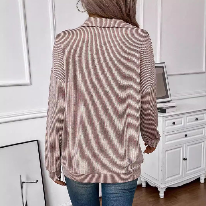 Damen lässiger Pullover mit Reißverschluss und gestreiftem Design Drune