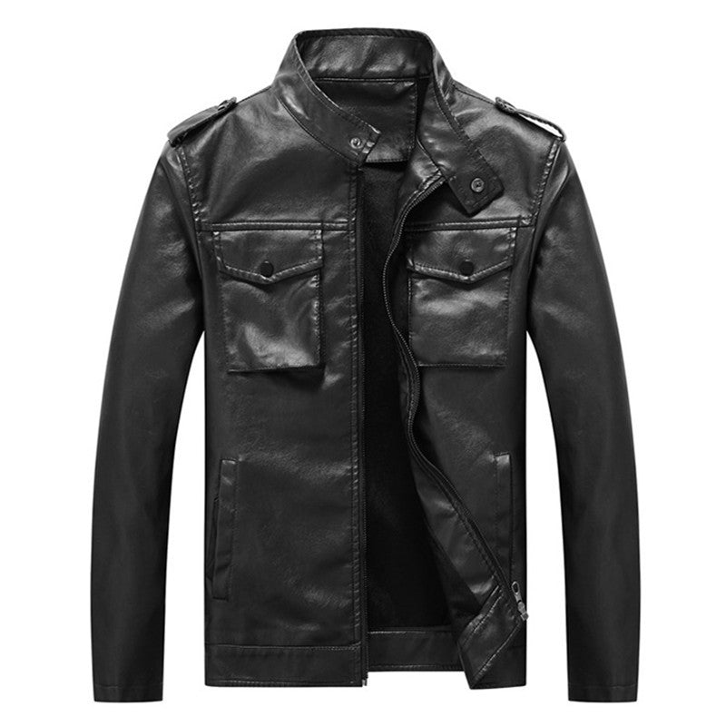 Herren Kunstlederjacke im Fieldstil mit Stehkragen, Schulterpatten und Brustklappentaschen Drune