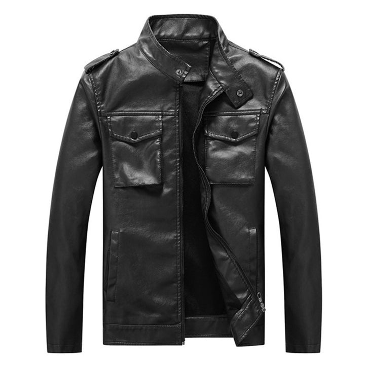 Herren Kunstlederjacke im Fieldstil mit Stehkragen, Schulterpatten und Brustklappentaschen Drune