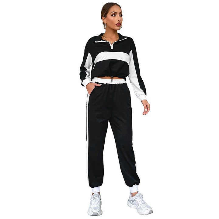 Damen Sportives Crop-Trainingsset mit Half‑Zip, Kontraststreifen & Tunnelzughose Drune