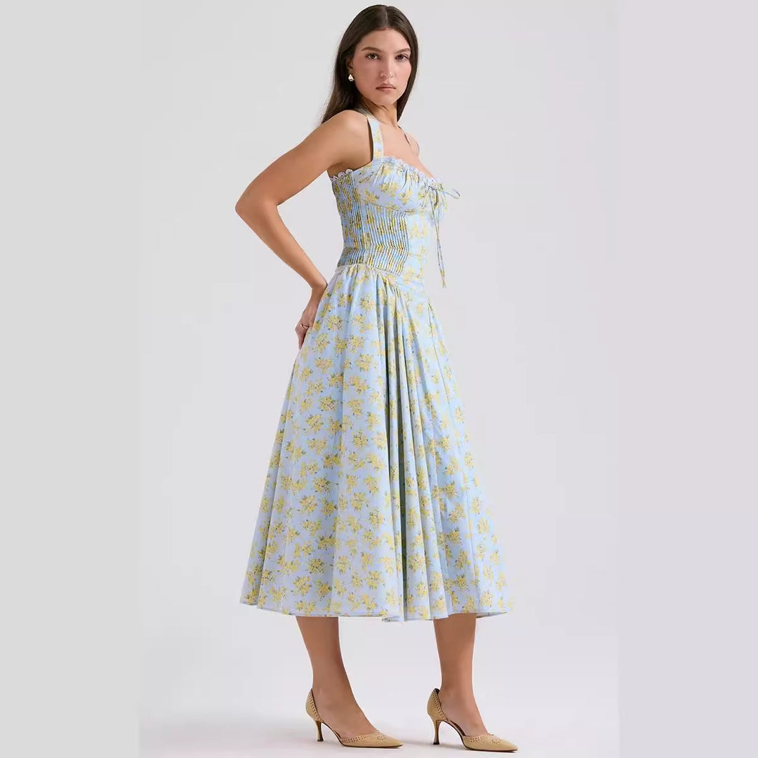Damen Blumenkleid mit halterlosem Schnitt und elastischem Oberteil Drune